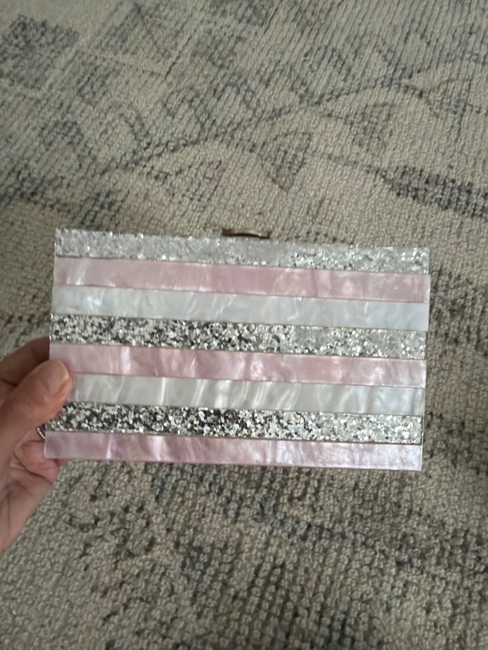 Madison West acrylic pink and silver hard clutch